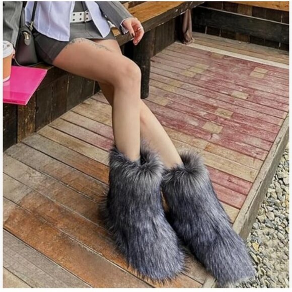 BOOTS WITH THE  FUR Mid Calf Fur Boots Winter Warm Plush - Picture 1 of 5